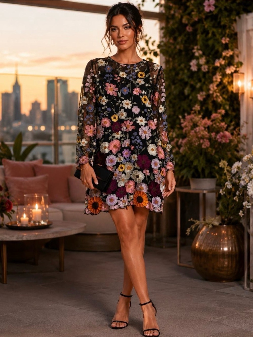 MAC DUGGAL BLACK FLORAL
EMBROIDERED LONG SLEEVE MINI DRESS SIZE 0